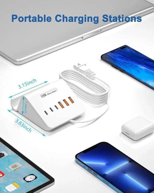 Alt view image 6 of 7 - USB Charging Station, 6 Port 3USB-A and 3USB-C Charging Station for Multiple Devices, Multi USB Nightstand Charger Station with Phone Stand (ETL Listed, 6Ft Extension Cord, White)