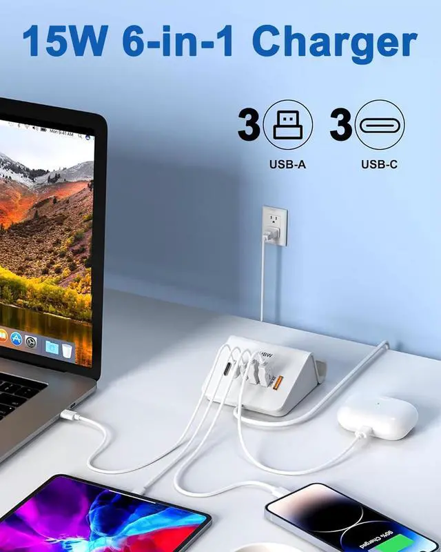 Alt view image 2 of 7 - USB Charging Station, 6 Port 3USB-A and 3USB-C Charging Station for Multiple Devices, Multi USB Nightstand Charger Station with Phone Stand (ETL Listed, 6Ft Extension Cord, White)