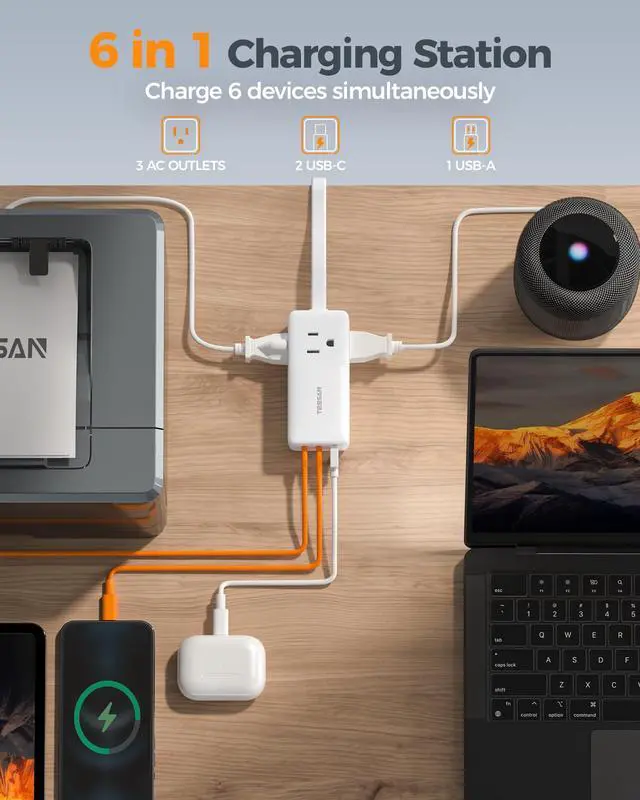 Alt view image 2 of 6 - USB Charging Station PD 30W, Flat Plug USB C Charger Blocks with 3 AC Outlets, Desktop Phone Fast Charger with 5FT Extension Cord for iPhone 17/16, Tablet Laptop, Travel, Office