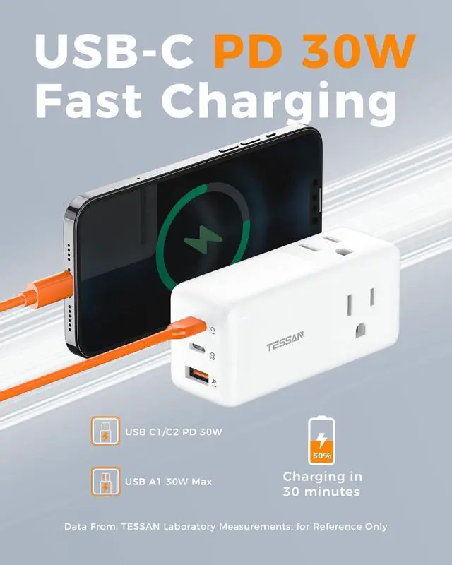 Alt view image 3 of 6 - USB Charging Station PD 30W, Flat Plug USB C Charger Blocks with 3 AC Outlets, Desktop Phone Fast Charger with 5FT Extension Cord for iPhone 17/16, Tablet Laptop, Travel, Office