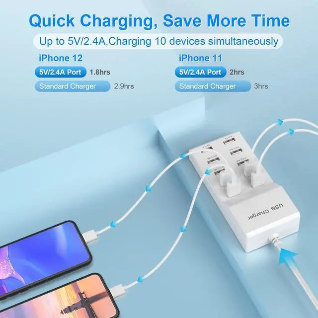 Alt view image 2 of 7 - USB Wall Charger USB Charging Station for Multiple Devices USB Charger 10-Ports Power Hub Strip Smart Plug Charging Dock Charge Block Compatible with iPhone 15,iPod,Galaxy S Smart Phones