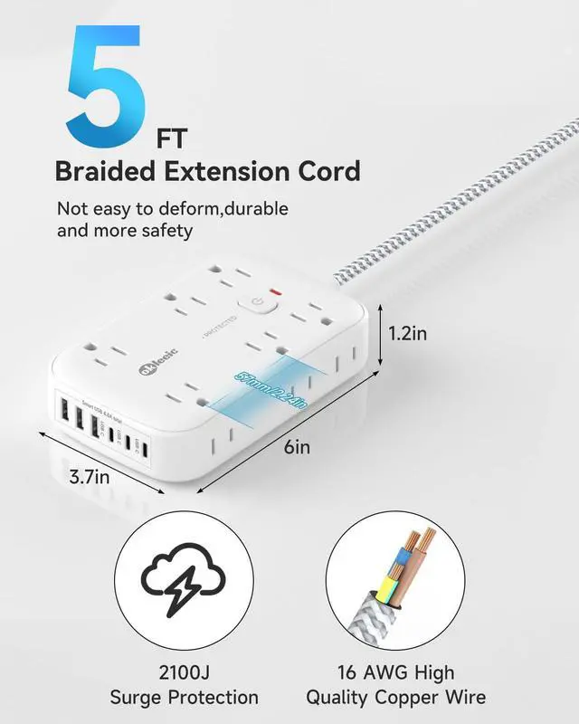 Alt view image 2 of 7 - Power Strip with USB, 2100J Surge Protector Flat Plug Extension Cord 5ft, 12 Outlets & 6 USB(3 USB C)Charging Station, 3 Side Outlet Extender Wall Mountable for Tablet Laptop Computer Multiple Devices