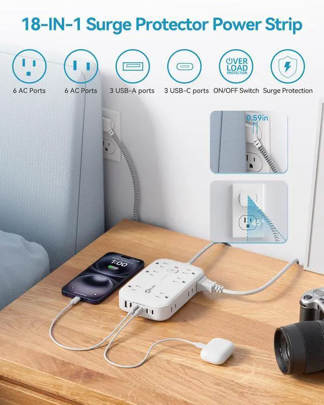 Alt view image 3 of 7 - Power Strip with USB, 2100J Surge Protector Flat Plug Extension Cord 5ft, 12 Outlets & 6 USB(3 USB C)Charging Station, 3 Side Outlet Extender Wall Mountable for Tablet Laptop Computer Multiple Devices