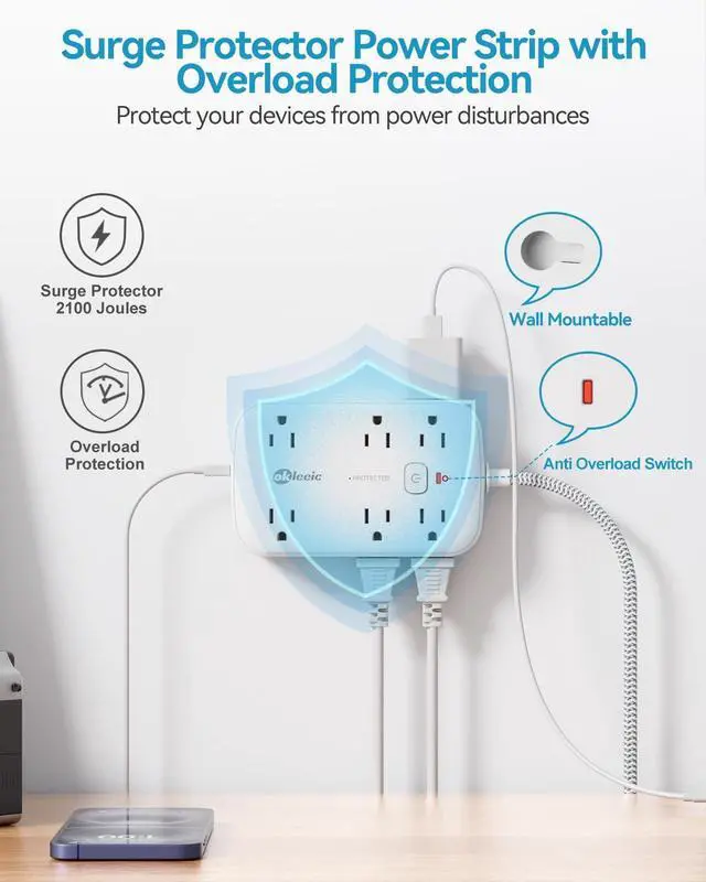 Alt view image 5 of 7 - Power Strip with USB, 2100J Surge Protector Flat Plug Extension Cord 5ft, 12 Outlets & 6 USB(3 USB C)Charging Station, 3 Side Outlet Extender Wall Mountable for Tablet Laptop Computer Multiple Devices