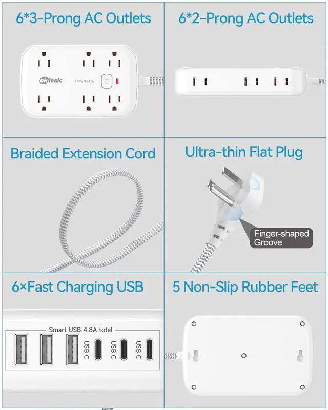 Alt view image 6 of 7 - Power Strip with USB, 2100J Surge Protector Flat Plug Extension Cord 5ft, 12 Outlets & 6 USB(3 USB C)Charging Station, 3 Side Outlet Extender Wall Mountable for Tablet Laptop Computer Multiple Devices