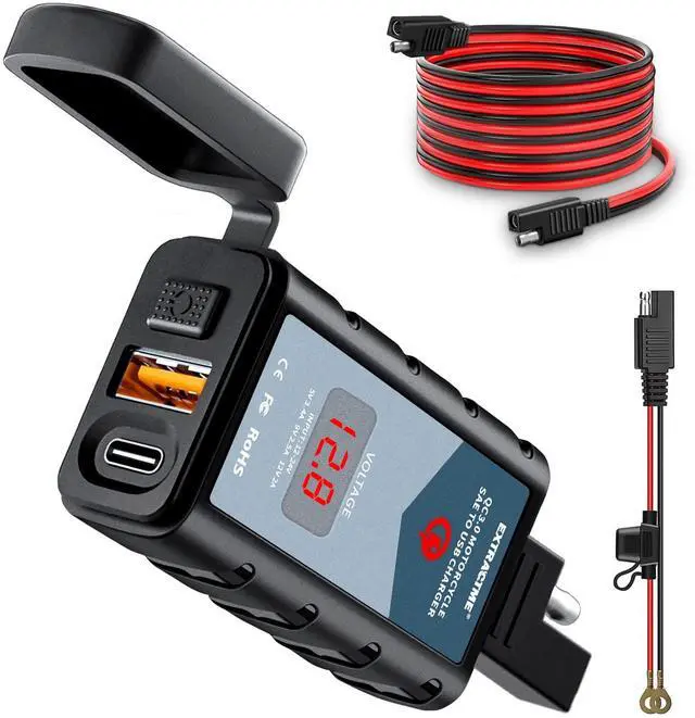 Main image of 6.4A Motorcycle USB Charger, Total 44W Dual USB Type C PD & Quick Charge 3.0 Motorcycle Phone Charger with Voltmeter & ON/Off Switch, Waterproof Motorcycle Accessories SAE to USB Adapter