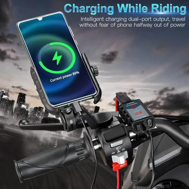 Alt view image 4 of 6 - 6.4A Motorcycle USB Charger, Total 44W Dual USB Type C PD & Quick Charge 3.0 Motorcycle Phone Charger with Voltmeter & ON/Off Switch, Waterproof Motorcycle Accessories SAE to USB Adapter