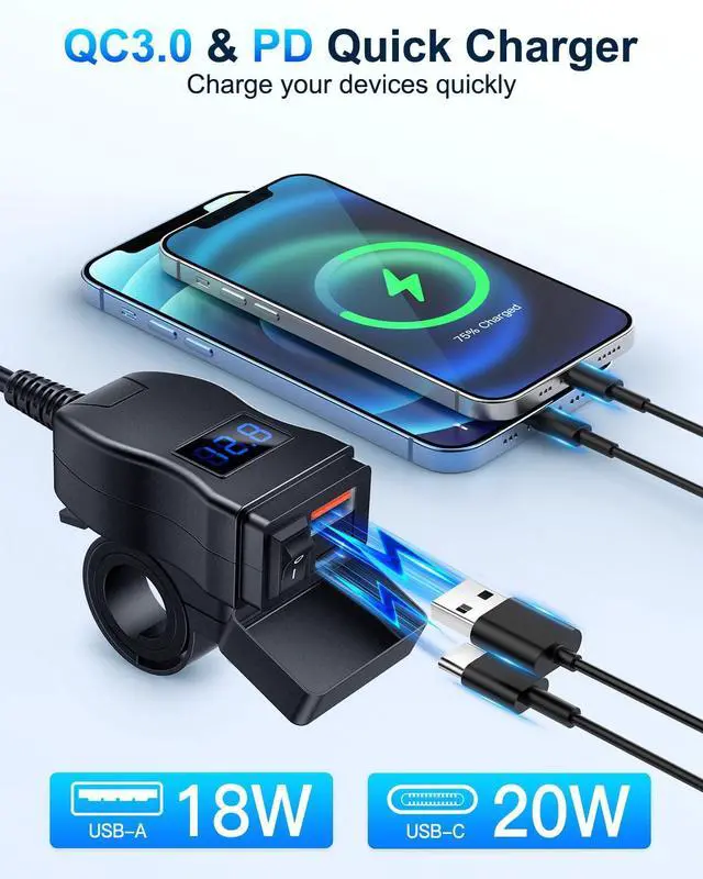 Alt view image 2 of 7 - Motorcycle USB Charger, Dual USB Type C PD & Quick Charge 3.0 Motorcycle Phone Charger with Voltmeter & ON/Off Switch, Waterproof Motorcycle Accessories for All Phone, Tablet, GPS