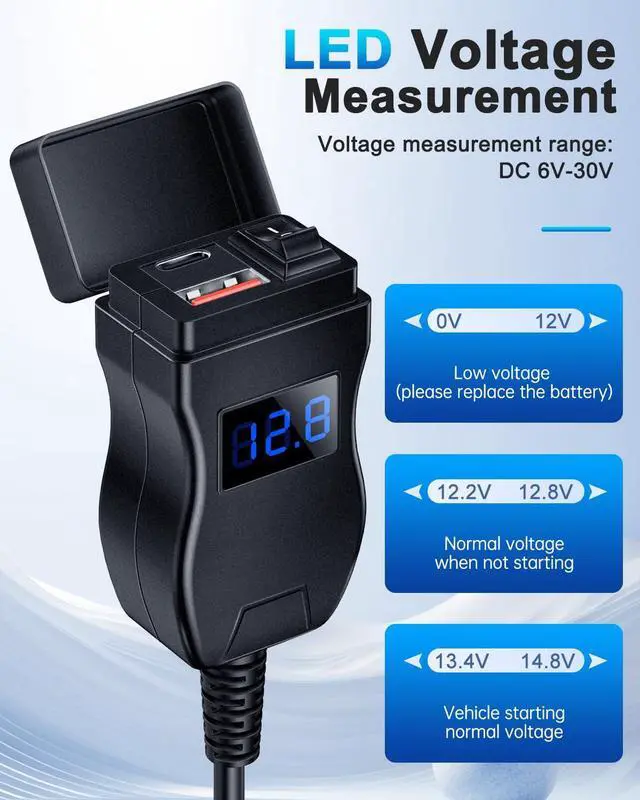Alt view image 4 of 7 - Motorcycle USB Charger, Dual USB Type C PD & Quick Charge 3.0 Motorcycle Phone Charger with Voltmeter & ON/Off Switch, Waterproof Motorcycle Accessories for All Phone, Tablet, GPS