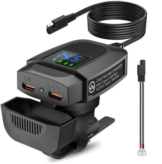 Main image of Motorcycle Phone Charger, Battery Charger,Two Way USB Charger,Dual Type-C PD 3.0 Quick Charge with LED Voltmeter, SAE to USB Adapter and Waterproof