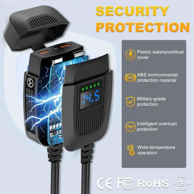 Alt view image 5 of 7 - Motorcycle Phone Charger, Battery Charger,Two Way USB Charger,Dual Type-C PD 3.0 Quick Charge with LED Voltmeter, SAE to USB Adapter and Waterproof