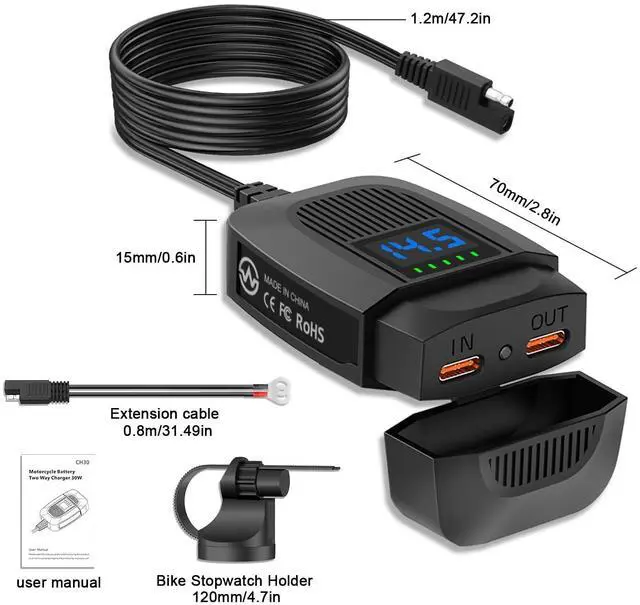 Alt view image 6 of 7 - Motorcycle Phone Charger, Battery Charger,Two Way USB Charger,Dual Type-C PD 3.0 Quick Charge with LED Voltmeter, SAE to USB Adapter and Waterproof