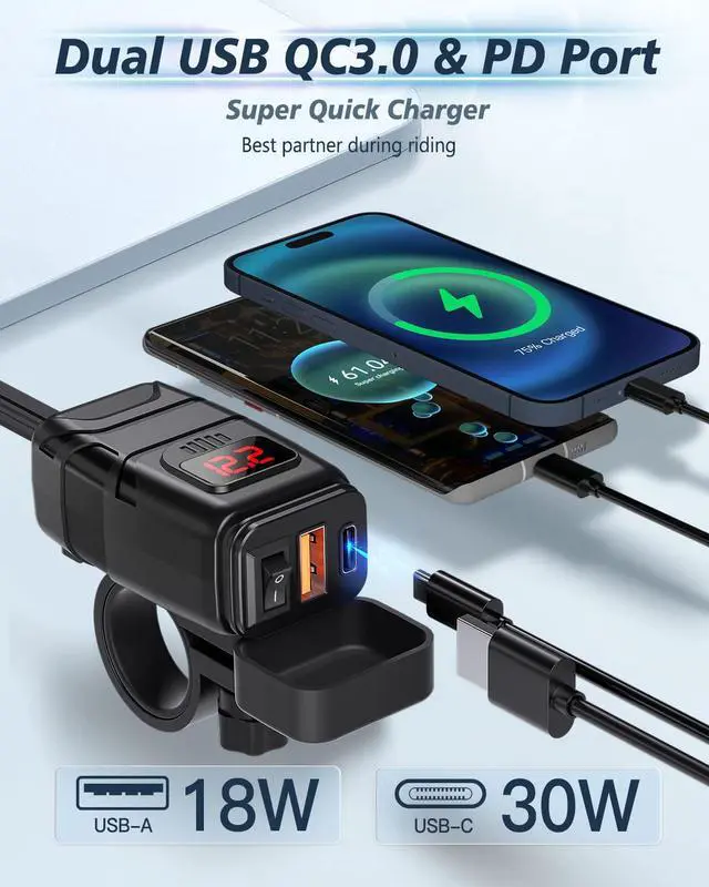 Alt view image 2 of 7 - Motorcycle Phone Charger, 6.4A Dual USB Type C PD & Quick Charge 3.0 Motorcycle USB Charger with Voltmeter & ON/Off Switch, Waterproof Motorcycle Accessories for Phone, Tablet, GPS, etc