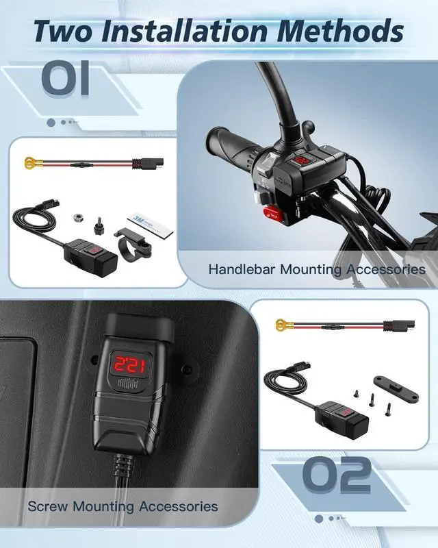 Alt view image 4 of 7 - Motorcycle Phone Charger, 6.4A Dual USB Type C PD & Quick Charge 3.0 Motorcycle USB Charger with Voltmeter & ON/Off Switch, Waterproof Motorcycle Accessories for Phone, Tablet, GPS, etc