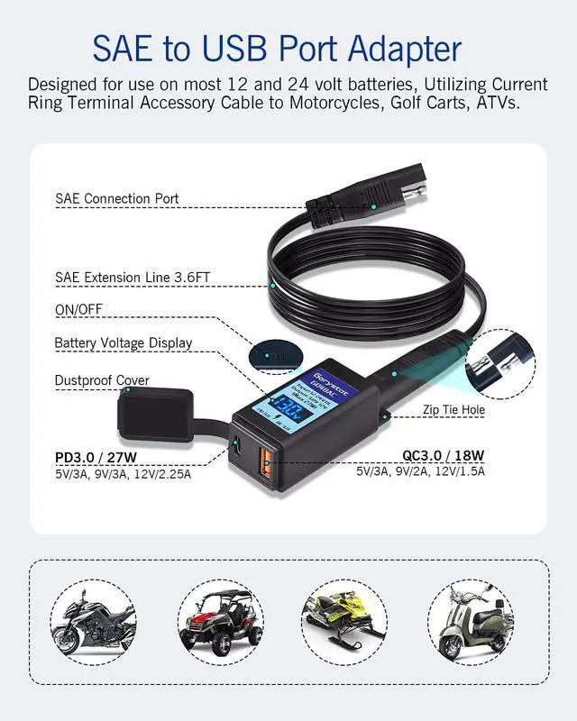 Alt view image 3 of 7 - Motorcycle USB-C Charger, SAE to USB Adapter, 27W Dual Port USB Fast Charger with Voltmeter/Ammeter & ON/Off Switch, Perfect for Charging Phone, Tablet, GPS etc