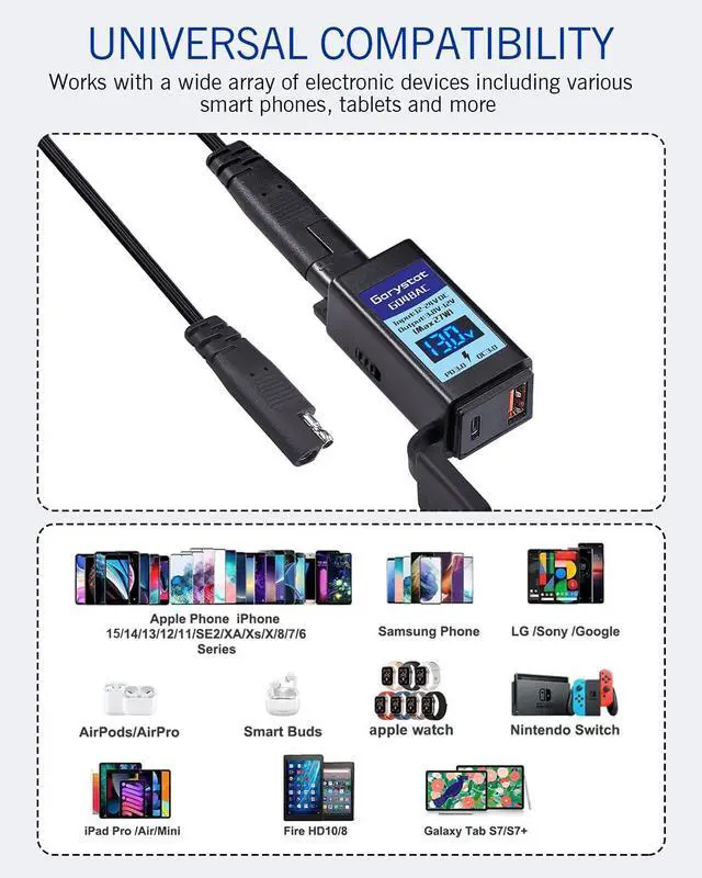 Alt view image 6 of 7 - Motorcycle USB-C Charger, SAE to USB Adapter, 27W Dual Port USB Fast Charger with Voltmeter/Ammeter & ON/Off Switch, Perfect for Charging Phone, Tablet, GPS etc