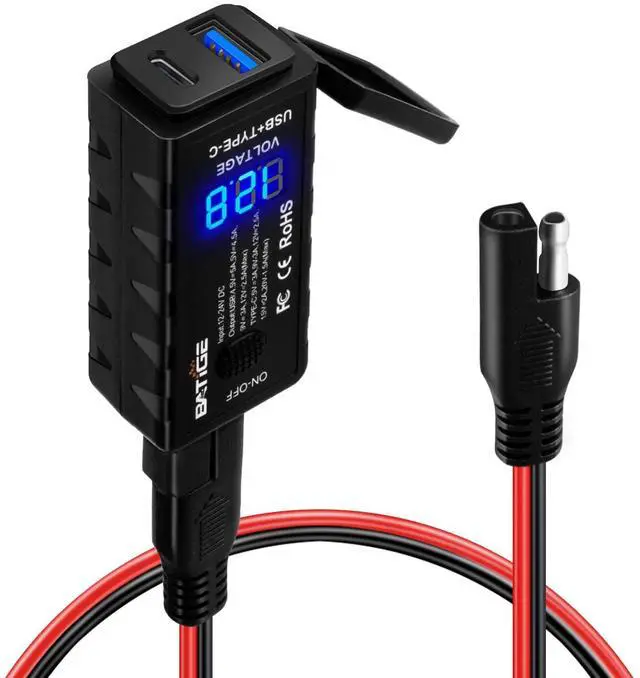 Main image of Motorcycle USB Charger SAE to USB Adapter Type C and Quick Charge USB 3.0 with Voltmeter, ON/Off Switch and 3.6FT SAE Extension Cable Waterproof 3 Install Options for GPS Smartphone Camera