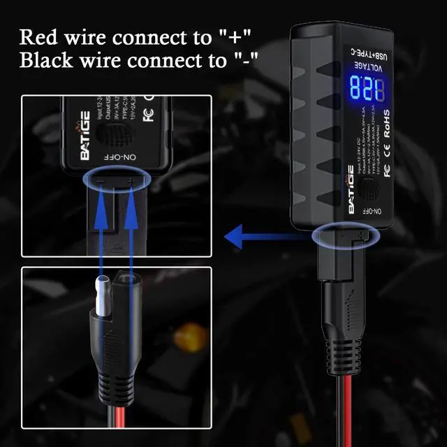 Alt view image 3 of 7 - Motorcycle USB Charger SAE to USB Adapter Type C and Quick Charge USB 3.0 with Voltmeter, ON/Off Switch and 3.6FT SAE Extension Cable Waterproof 3 Install Options for GPS Smartphone Camera