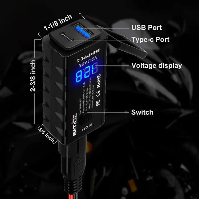 Alt view image 6 of 7 - Motorcycle USB Charger SAE to USB Adapter Type C and Quick Charge USB 3.0 with Voltmeter, ON/Off Switch and 3.6FT SAE Extension Cable Waterproof 3 Install Options for GPS Smartphone Camera