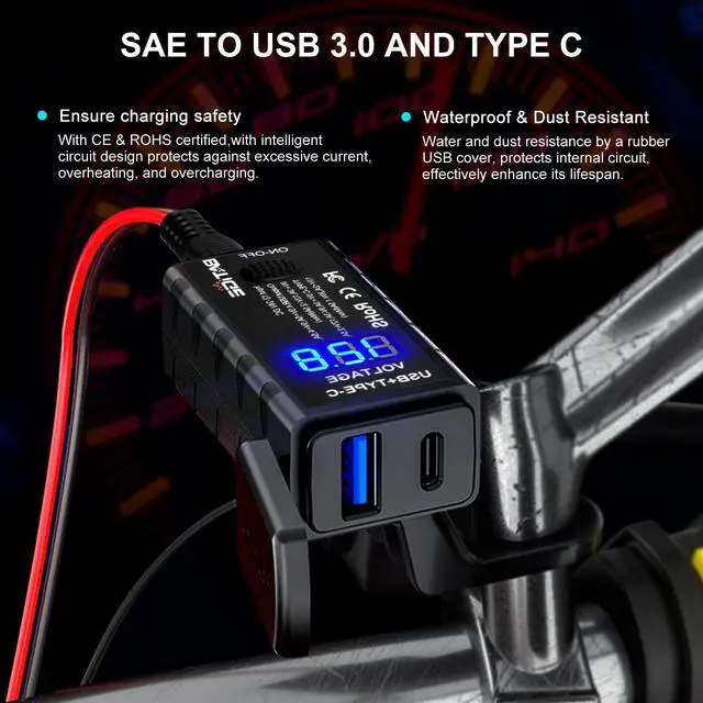 Alt view image 7 of 7 - Motorcycle USB Charger SAE to USB Adapter Type C and Quick Charge USB 3.0 with Voltmeter, ON/Off Switch and 3.6FT SAE Extension Cable Waterproof 3 Install Options for GPS Smartphone Camera