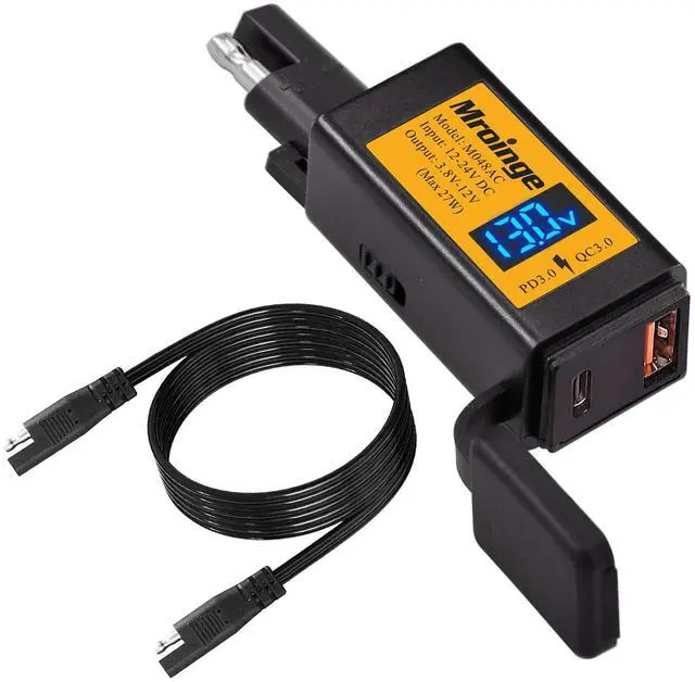 Main image of Motorcycle USB-C Charger, SAE to USB Adapter, 27W Dual Port USB Fast Charger with Voltmeter/Ammeter and ON/Off Switch, Perfect for Phone, Tablet, GPS etc Charging