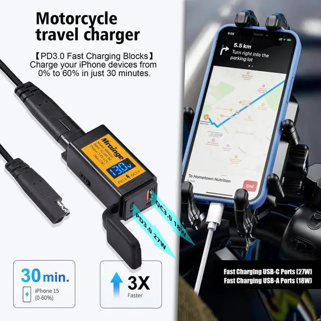 Alt view image 2 of 7 - Motorcycle USB-C Charger, SAE to USB Adapter, 27W Dual Port USB Fast Charger with Voltmeter/Ammeter and ON/Off Switch, Perfect for Phone, Tablet, GPS etc Charging