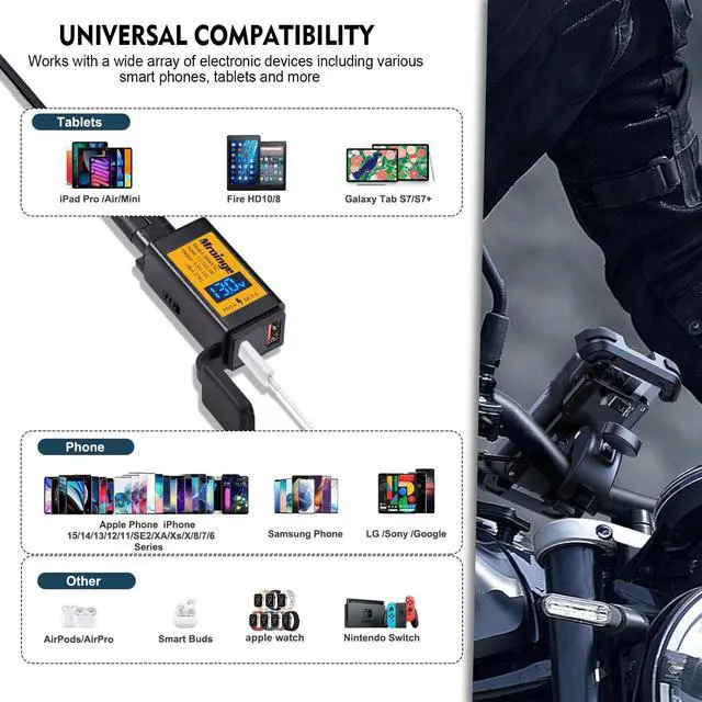 Alt view image 6 of 7 - Motorcycle USB-C Charger, SAE to USB Adapter, 27W Dual Port USB Fast Charger with Voltmeter/Ammeter and ON/Off Switch, Perfect for Phone, Tablet, GPS etc Charging