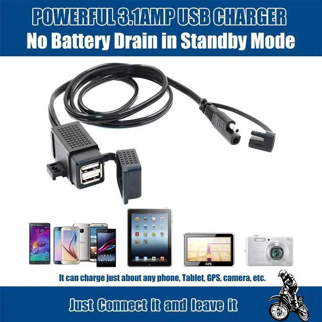 Alt view image 4 of 7 - MP0609C 3.1Amp Waterproof Motorcycle Dual USB Charger Kit SAE to USB Adapter Cable Phone Tablet GPS Charger