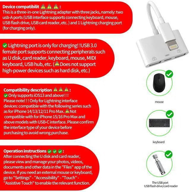 Alt view image 2 of 7 - Apple Certified Lightning Male to USB Female Adapter OTG and Charger Cable for iPhone 11 12 mini max pro xs xr x se 7 8plus Ipad air A Camera Memory Stick Flash Drive Cord Converter Charging Splitter