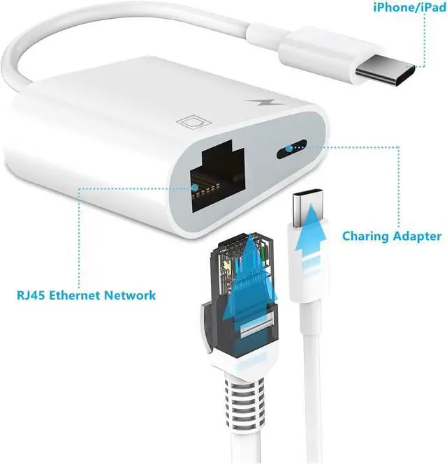 Alt view image 2 of 7 - USB C to Ethernet Adapter with Charging, Type-C to RJ45 Ethernet Adapter, Portable USB-C Ethernet LAN Network Adapter Compatible for iPhone 15 Pro/Max/Plus MacBook Pro Air 2018, Samsung, iPad and More