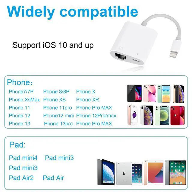 Alt view image 4 of 6 - Lightning to Ethernet Adapter,2 in 1 RJ45 Ethernet LAN Network Adapter with Charging Port for Phone,Pad 10/100Mbps High Speed,Plug and Play