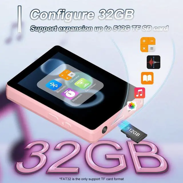 Alt view image 3 of 7 - Mini HiFi Bluetooth MP3 Player for , 32GB Portable Audio Player with FM Radio, Digital MP3 Music Player with Bluetooth, Built in Speaker, SD Card Expandable 512GB(Pink)