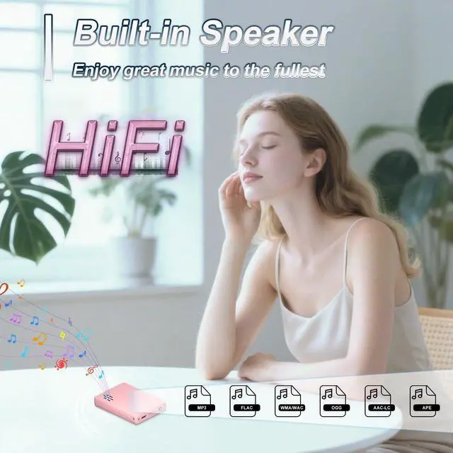 Alt view image 4 of 7 - Mini HiFi Bluetooth MP3 Player for , 32GB Portable Audio Player with FM Radio, Digital MP3 Music Player with Bluetooth, Built in Speaker, SD Card Expandable 512GB(Pink)