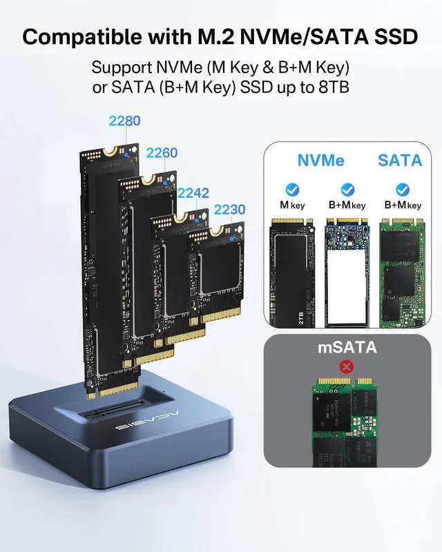 Alt view image 4 of 7 - M.2 NVMe & SATA to USB C Docking Station, NVME SSD Enclosure Adapter, USB 3.2 Gen 2(10 Gbps), Aluminium Alloy Housing, Support M.2 (M Key) NVMe and (B+M Key) SATA-Based SSD