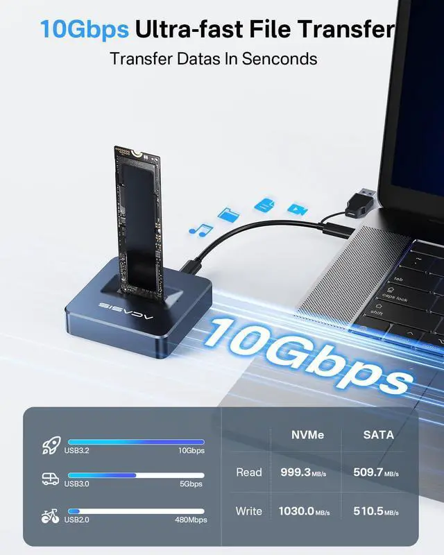 Alt view image 2 of 7 - M.2 NVMe & SATA to USB C Docking Station, NVME SSD Enclosure Adapter, USB 3.2 Gen 2(10 Gbps), Aluminium Alloy Housing, Support M.2 (M Key) NVMe and (B+M Key) SATA-Based SSD