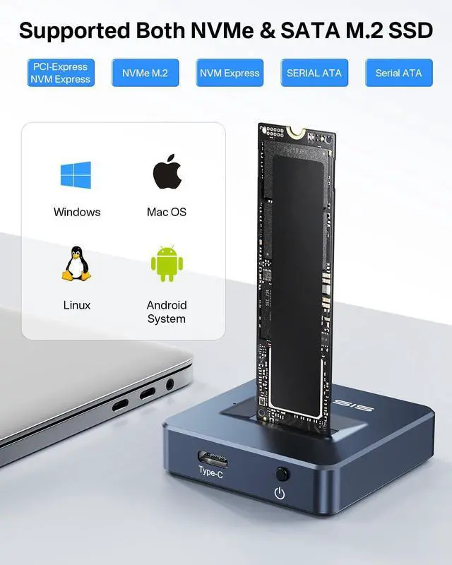 Alt view image 6 of 7 - M.2 NVMe & SATA to USB C Docking Station, NVME SSD Enclosure Adapter, USB 3.2 Gen 2(10 Gbps), Aluminium Alloy Housing, Support M.2 (M Key) NVMe and (B+M Key) SATA-Based SSD