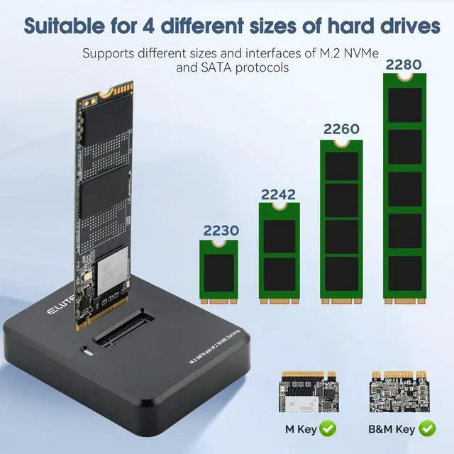 Alt view image 3 of 7 - M.2 NVMe & SATA to USB C Docking Station Dual Protocol M.2 to USB C Adapter 10Gbps External SSD Enclosure for M Key, B+M Key Support 2280 2260 2242 2230 SSDs with 2in1 Cable