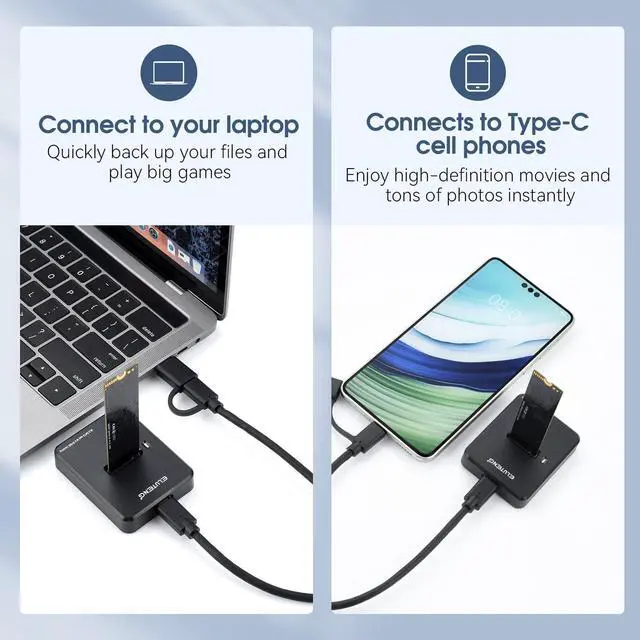 Alt view image 5 of 7 - M.2 NVMe & SATA to USB C Docking Station Dual Protocol M.2 to USB C Adapter 10Gbps External SSD Enclosure for M Key, B+M Key Support 2280 2260 2242 2230 SSDs with 2in1 Cable