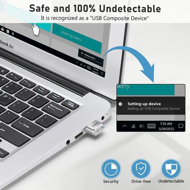 Alt view image 3 of 7 - Mouse Jiggler Undetectable Metal USB Mouse Mover with Switch Button, Automatic Mini Mouse Shaker with 2 Jiggle Modes, Plug and Play, Keep Computer/Laptop Awake, Silver, 2 PCS