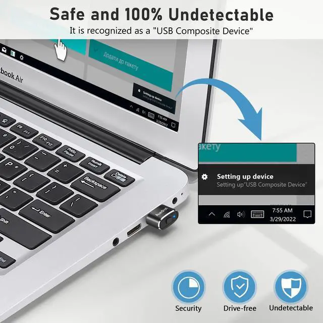 Alt view image 3 of 7 - Mouse Jiggler Undetectable Mouse Jiggers USB Mouse Mover with Switch Button, Automatic Mouse Wiggler with 2 Jiggle Modes, Mouse Mover Device, Plug & Play, Keep Computer/Laptop Awake, Black