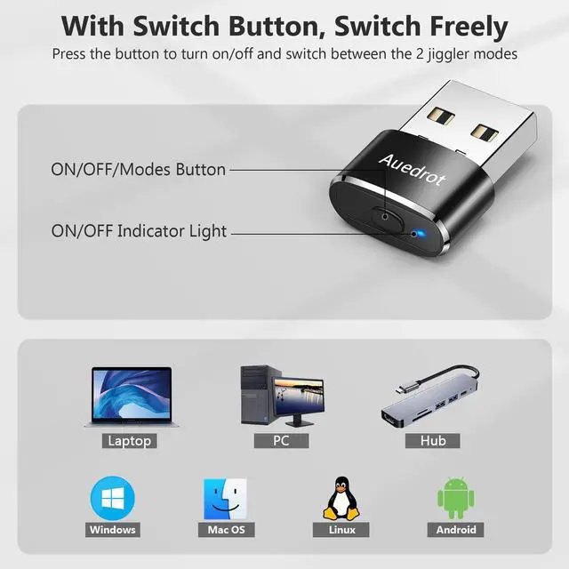 Alt view image 5 of 7 - Mouse Jiggler Undetectable Mouse Jiggers USB Mouse Mover with Switch Button, Automatic Mouse Wiggler with 2 Jiggle Modes, Mouse Mover Device, Plug & Play, Keep Computer/Laptop Awake, Black