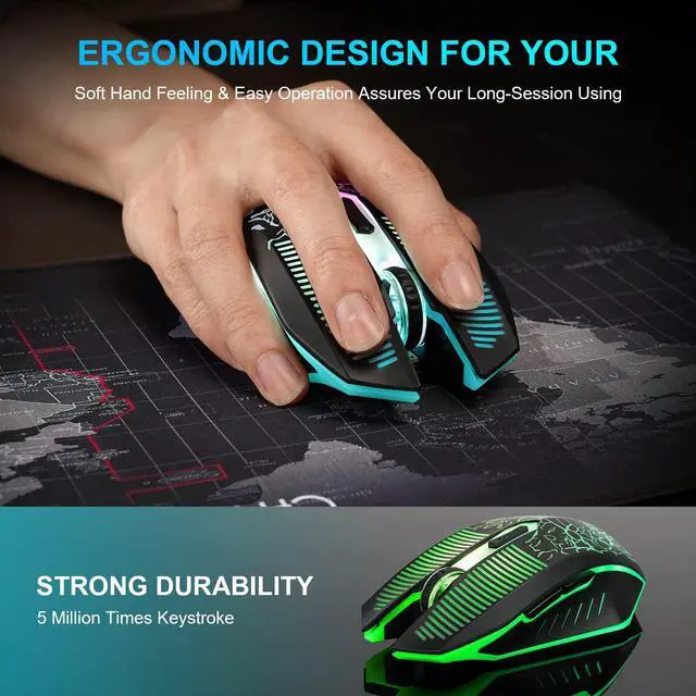 Alt view image 4 of 5 - Wireless Gaming Mouse Rechargeable LED Backlit 2.4G USB Receiver 3600 DPI Cordless Portable High Performance Compatible with PC Laptop MacBook iMac PS4 PS5 Switch Xbox one x(Black)