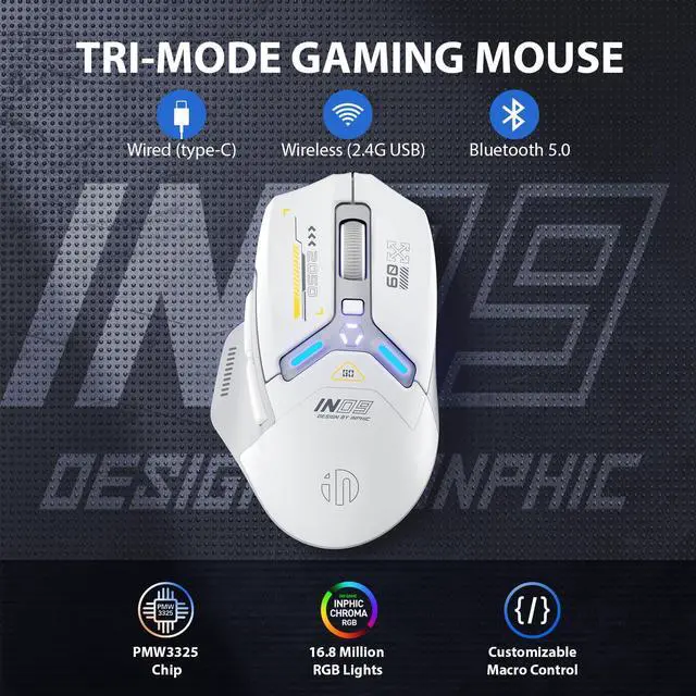 Alt view image 2 of 7 - IN9 Wireless Gaming Mouse, True Tri-Mode Bluetooth/Type-C Wired/2.4G Wireless Connection, 10000 DPl, Fully Programmable, RGB Backlit, for Laptop PC Mac