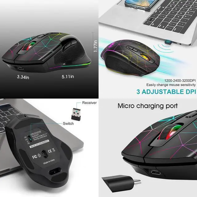 Alt view image 5 of 6 - Wireless Gaming Mouse, Rechargeable Mice 3 Level DPI With Colorful Led Lights, Silent 7 Buttons Gaming Wireless Mouse With Side Buttons & Thumb Rest, Computer Gamer Mouse PC/Mac, Laptop/Desktop