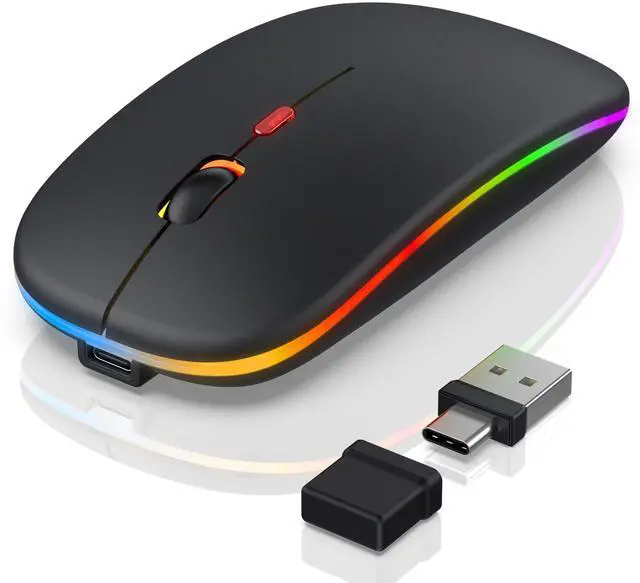 Main image of Bluetooth LED Wireless Mouse for MacBook Air iPad Pro Mac Laptop PC - Slim RGB Wireless Mouse, 3 Mode BT 5.2 & 2.4G USB-A/Type-C Connectivity Portable Mice with Jiggler Mode, Matte Black