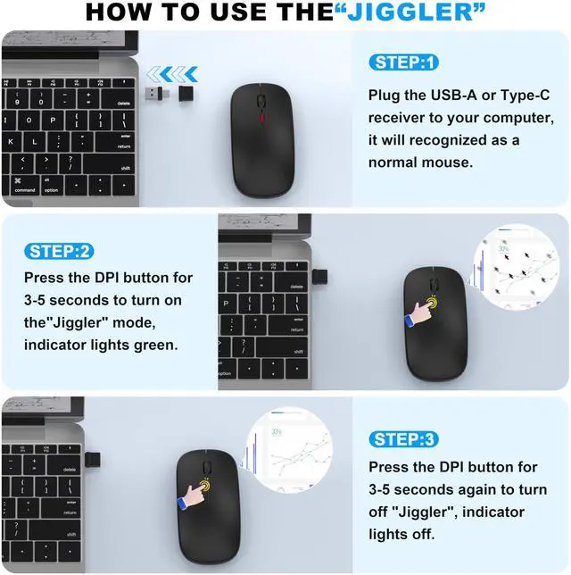 Alt view image 3 of 7 - Bluetooth LED Wireless Mouse for MacBook Air iPad Pro Mac Laptop PC - Slim RGB Wireless Mouse, 3 Mode BT 5.2 & 2.4G USB-A/Type-C Connectivity Portable Mice with Jiggler Mode, Matte Black