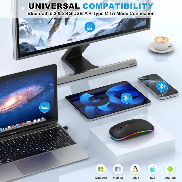 Alt view image 4 of 7 - Bluetooth LED Wireless Mouse for MacBook Air iPad Pro Mac Laptop PC - Slim RGB Wireless Mouse, 3 Mode BT 5.2 & 2.4G USB-A/Type-C Connectivity Portable Mice with Jiggler Mode, Matte Black