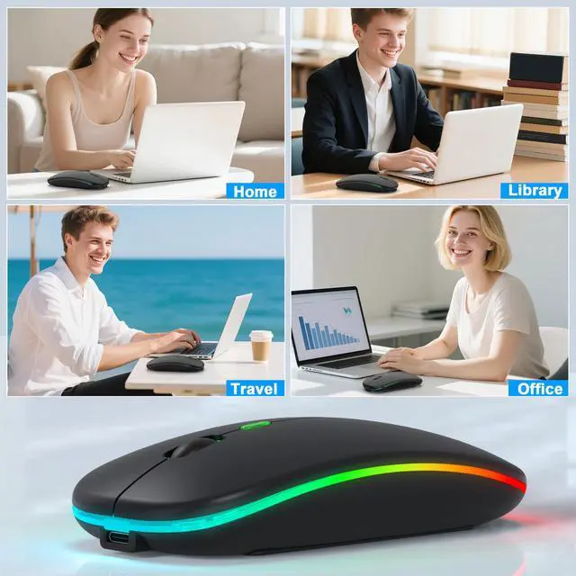 Alt view image 5 of 7 - Bluetooth LED Wireless Mouse for MacBook Air iPad Pro Mac Laptop PC - Slim RGB Wireless Mouse, 3 Mode BT 5.2 & 2.4G USB-A/Type-C Connectivity Portable Mice with Jiggler Mode, Matte Black