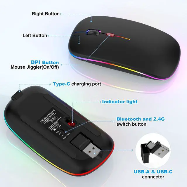 Alt view image 6 of 7 - Bluetooth LED Wireless Mouse for MacBook Air iPad Pro Mac Laptop PC - Slim RGB Wireless Mouse, 3 Mode BT 5.2 & 2.4G USB-A/Type-C Connectivity Portable Mice with Jiggler Mode, Matte Black