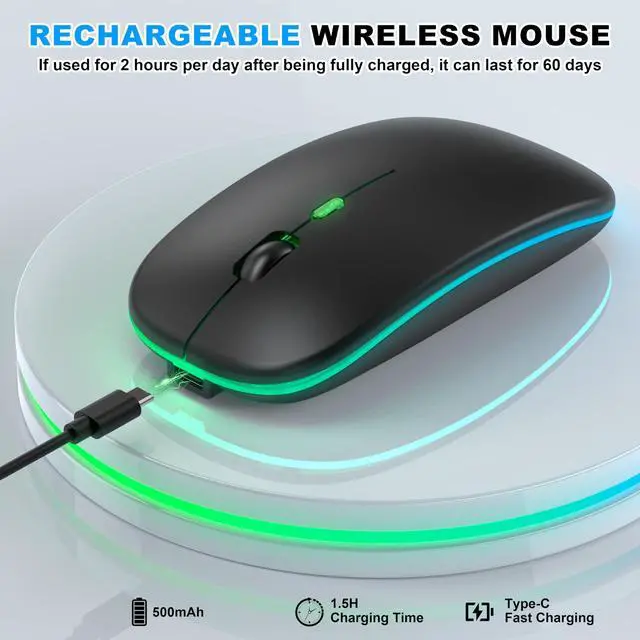 Alt view image 7 of 7 - Bluetooth LED Wireless Mouse for MacBook Air iPad Pro Mac Laptop PC - Slim RGB Wireless Mouse, 3 Mode BT 5.2 & 2.4G USB-A/Type-C Connectivity Portable Mice with Jiggler Mode, Matte Black